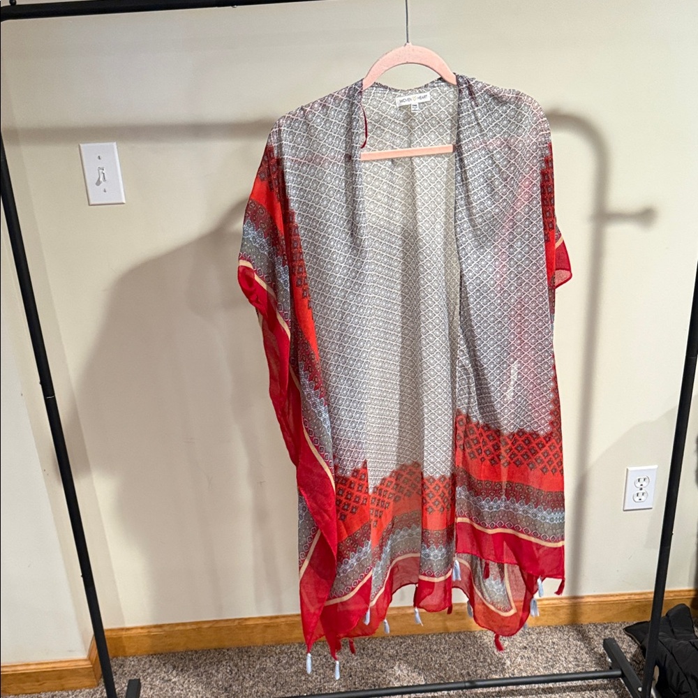 Woven Heart Red and Gray Poncho